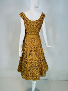 1950s Gold Floral Ribbon Applique on Sequin Tulle Circle Skirt Cocktail Dress