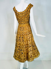 1950s Gold Floral Ribbon Applique on Sequin Tulle Circle Skirt Cocktail Dress