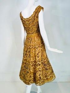 1950s Gold Floral Ribbon Applique on Sequin Tulle Circle Skirt Cocktail Dress