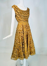 1950s Gold Floral Ribbon Applique on Sequin Tulle Circle Skirt Cocktail Dress