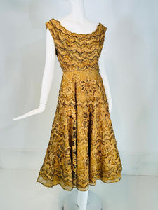 1950s Gold Floral Ribbon Applique on Sequin Tulle Circle Skirt Cocktail Dress