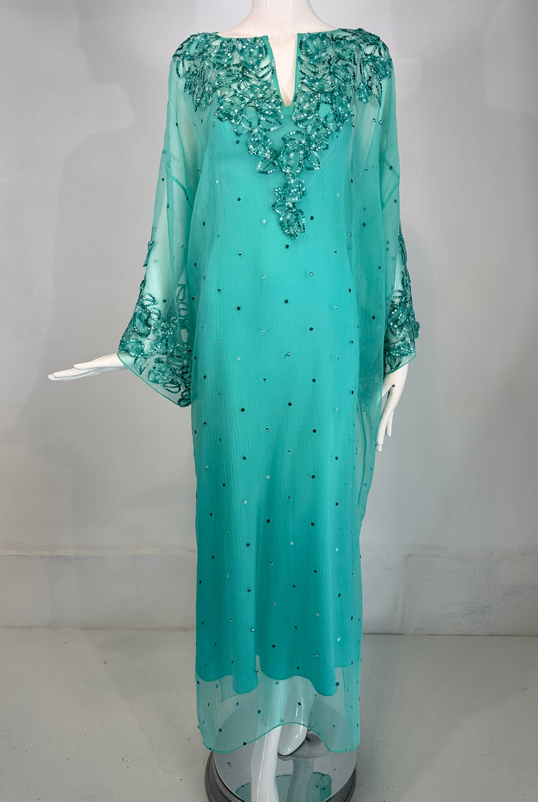 Oscar de la Renta S/S 13 Aqua Silk Embroidered & Appliqued Caftan & Slip XS