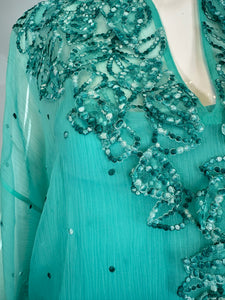 Oscar de la Renta S/S 13 Aqua Silk Embroidered & Appliqued Caftan & Slip XS