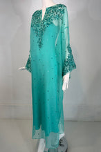 Oscar de la Renta S/S 13 Aqua Silk Embroidered & Appliqued Caftan & Slip XS