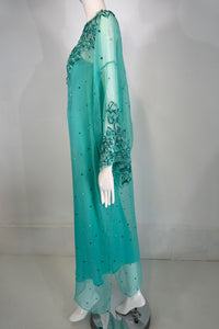 Oscar de la Renta S/S 13 Aqua Silk Embroidered & Appliqued Caftan & Slip XS