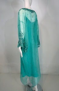 Oscar de la Renta S/S 13 Aqua Silk Embroidered & Appliqued Caftan & Slip XS