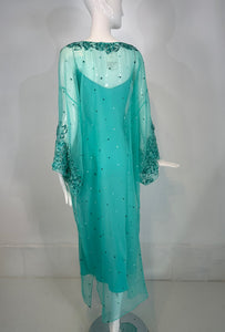 Oscar de la Renta S/S 13 Aqua Silk Embroidered & Appliqued Caftan & Slip XS