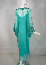 Oscar de la Renta S/S 13 Aqua Silk Embroidered & Appliqued Caftan & Slip XS