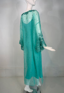 Oscar de la Renta S/S 13 Aqua Silk Embroidered & Appliqued Caftan & Slip XS