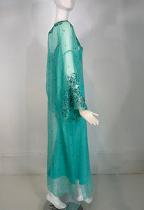 Oscar de la Renta S/S 13 Aqua Silk Embroidered & Appliqued Caftan & Slip XS