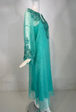 Oscar de la Renta S/S 13 Aqua Silk Embroidered & Appliqued Caftan & Slip XS