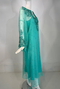 Oscar de la Renta S/S 13 Aqua Silk Embroidered & Appliqued Caftan & Slip XS