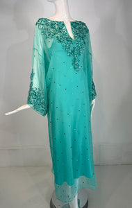 Oscar de la Renta S/S 13 Aqua Silk Embroidered & Appliqued Caftan & Slip XS