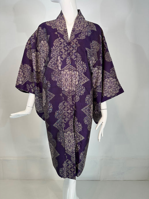 Vintage Purple & Silver Slub Silk Brocade Short Kimono with Bright Silk Lining