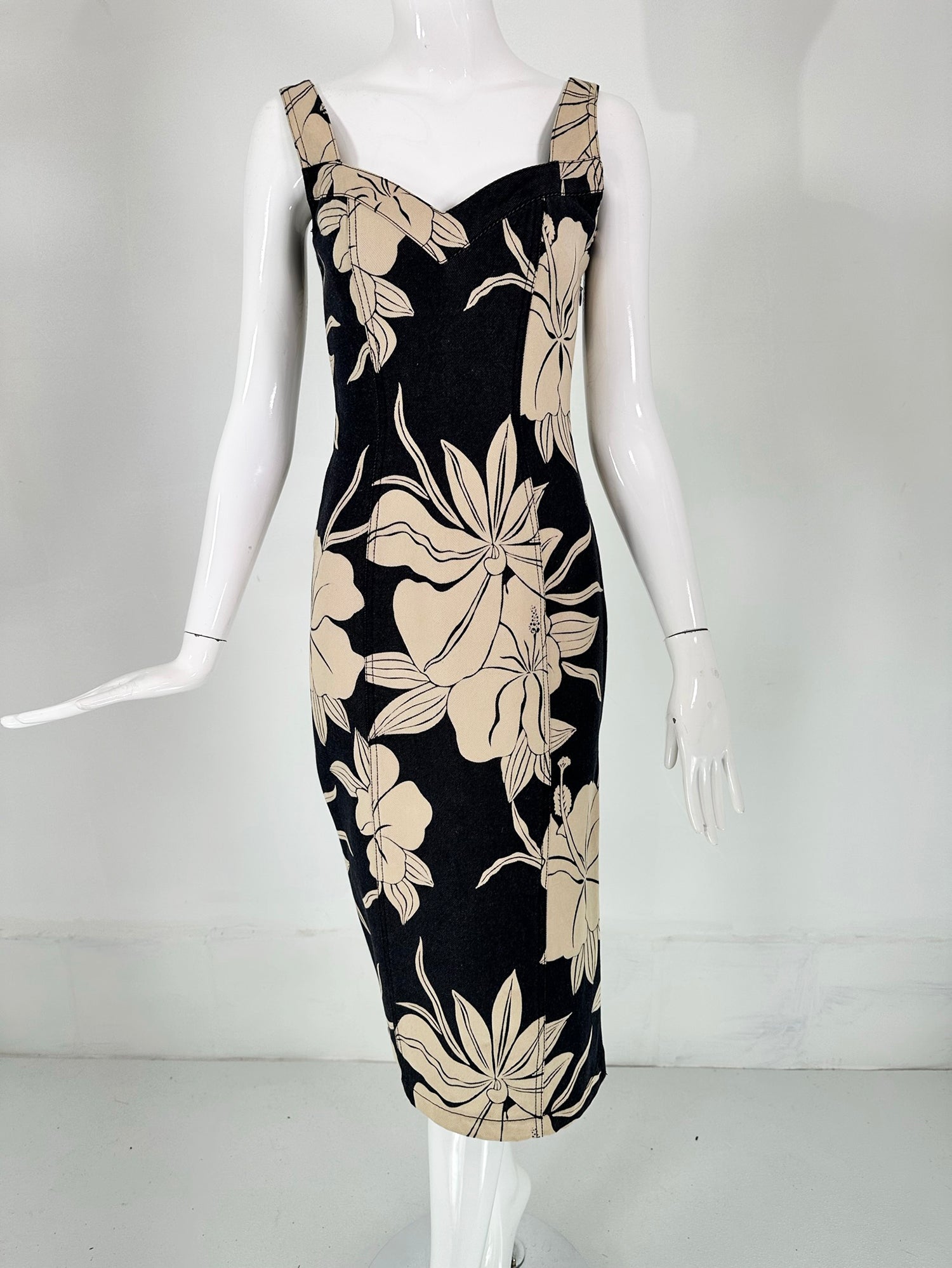 John Galliano Dark Denim Body Con Dress with Tan Tropical Flowers – Palm Beach Vintage