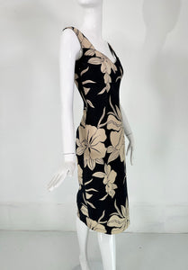 John Galliano Dark Denim Body Con Dress with Tan Tropical Flowers