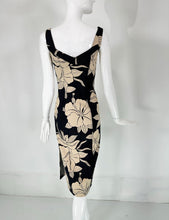 John Galliano Dark Denim Body Con Dress with Tan Tropical Flowers