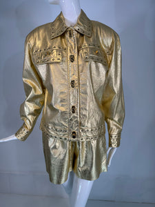 Exit Shops 1980s Gold Leather Biker Jacket & Matching Gold High Waist Shorts 8