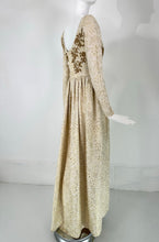 Galitizne Couture Renaissance Style Gown in Cream & Gold Metallic Brocade 1970s