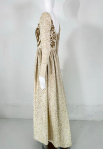 Galitizne Couture Renaissance Style Gown in Cream & Gold Metallic Brocade 1970s