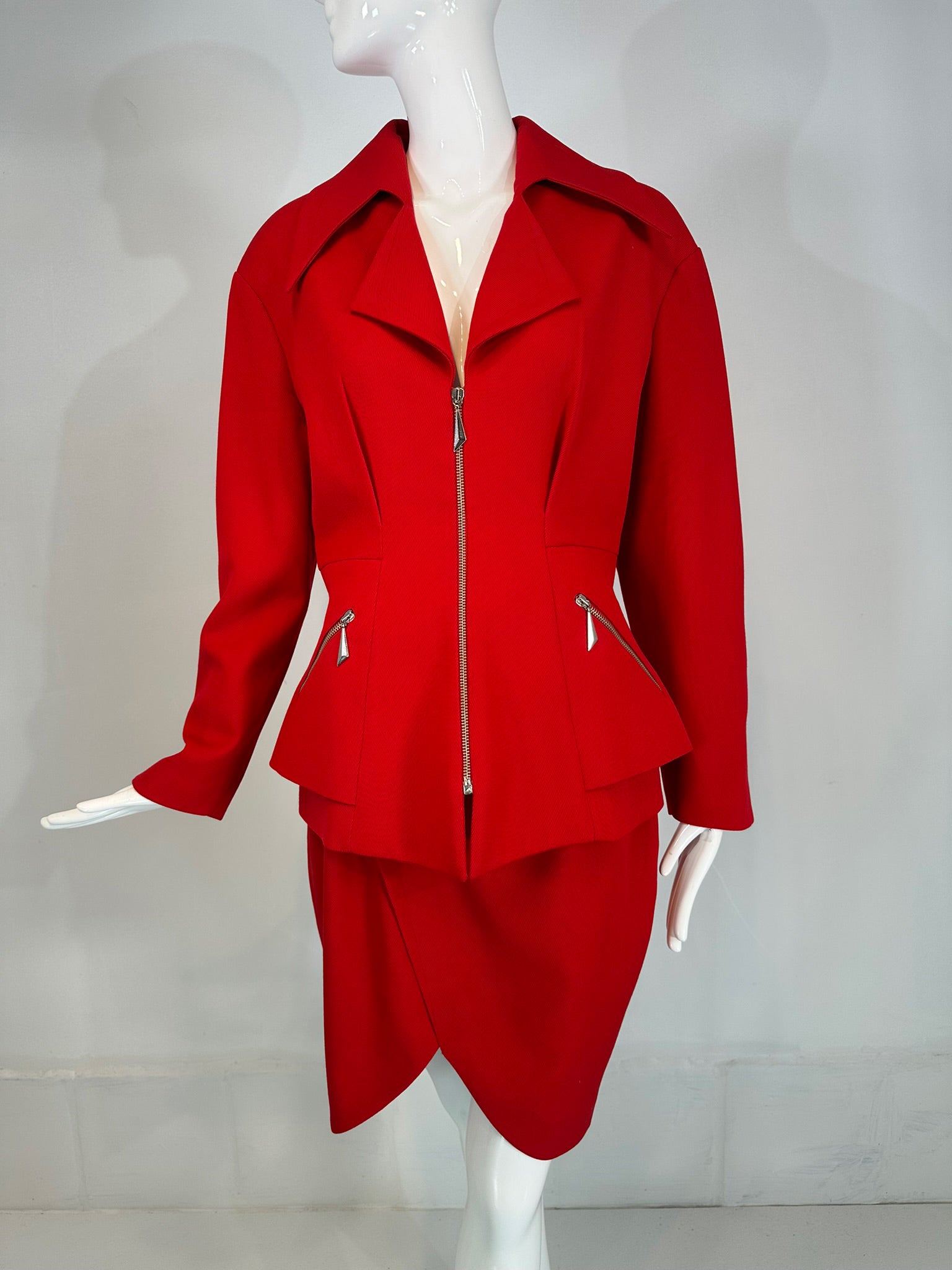 Thierry Mugler Red Wool Wide Lapel Nip Waist Jacket & Skirt Set