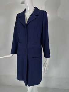Chanel Navy Blue Single Breasted 4 Pocket Cloque Cotton Coat