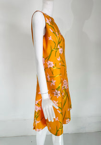 Sarmi Orange Floral Silk Inverted Pleat Skirt Sleeveless Dress 1960s