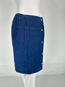 Chanel Cotton Denim Yoke Hip Side Gold Logo Button Skirt