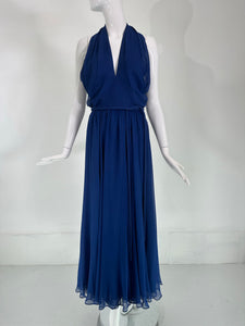 Larry Aldrich Royal Blue Silk Chiffon Plunge V Halter Neck Maxi Dress  1970s