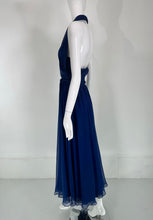 Larry Aldrich Royal Blue Silk Chiffon Plunge V Halter Neck Maxi Dress  1970s