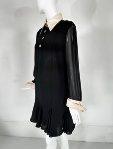 Christian Lacroix Black Silk Chiffon Dress With Off White Silk Collar & Cuffs