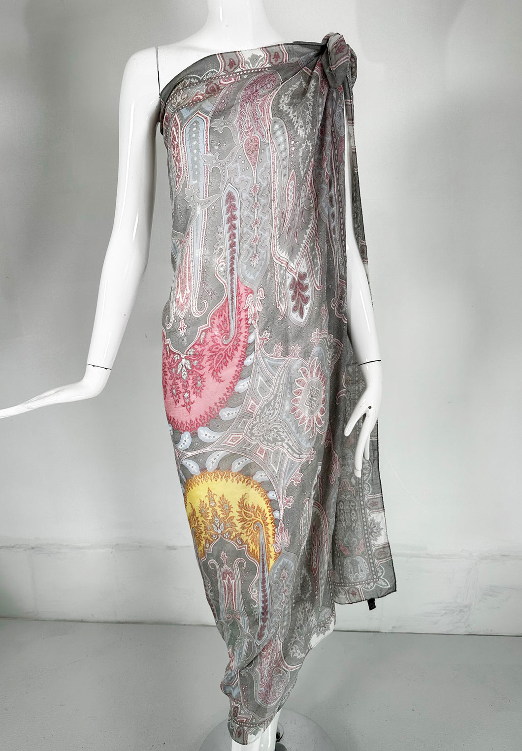 Etro Silk Paisley Shawl in Greys, Blues, Yellow & Pink 54