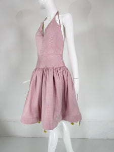 Bill Blass Runway Pink Silk Check Halter Dress with Pansy Border Under Slip 2006