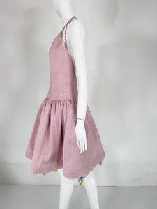 Bill Blass Runway Pink Silk Check Halter Dress with Pansy Border Under Slip 2006