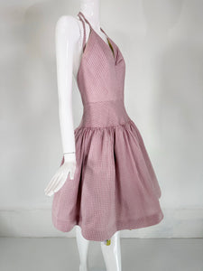 Bill Blass Runway Pink Silk Check Halter Dress with Pansy Border Under Slip 2006