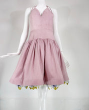 Bill Blass Runway Pink Silk Check Halter Dress with Pansy Border Under Slip 2006