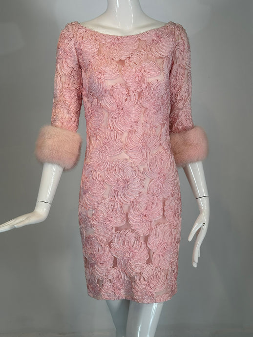 1960s Pink Ribbon Floral Applique on Net Cocktail Dress with Pink Mink Cuffs 2