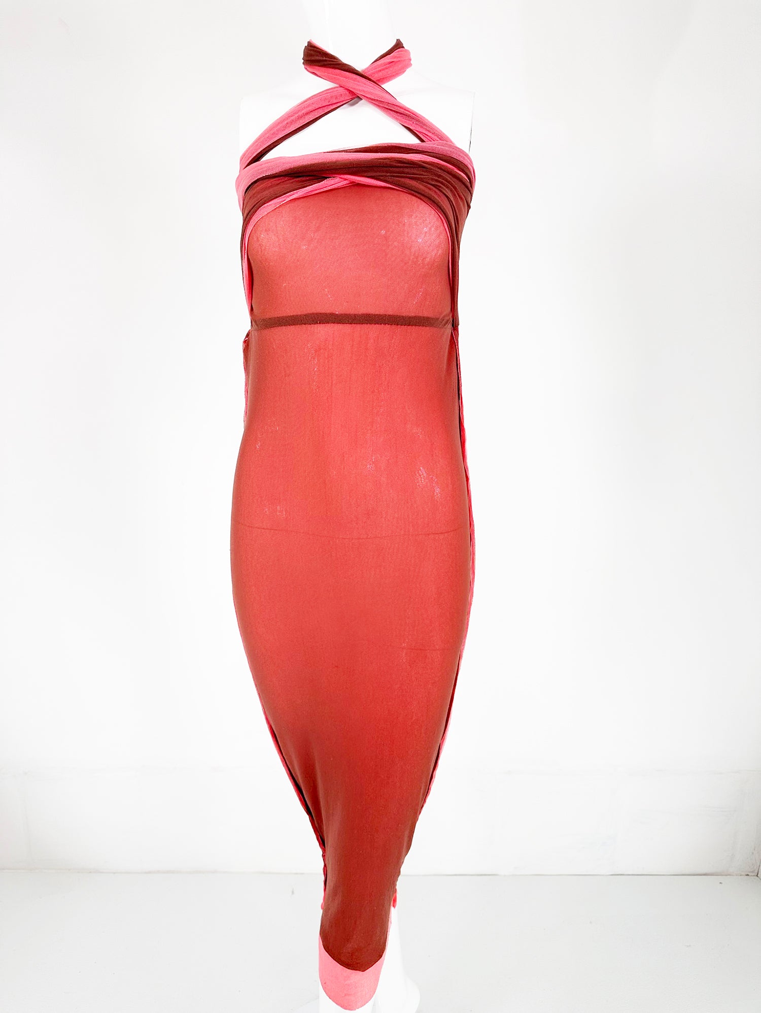 SOLD Jean Paul Gaultier Maille Coral & Brown Sheer Mesh Tie Tube Dress Palm Beach Vintage SOLD Jean Paul Gaultier Maille Coral & Brown Sheer Mesh Tie Tube Dress Palm Beach Vintage