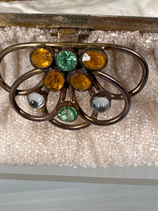 Fabulous Josef Off White Caviar Hand Beaded Bag W Jewel Set Frame by Hobe 1930s