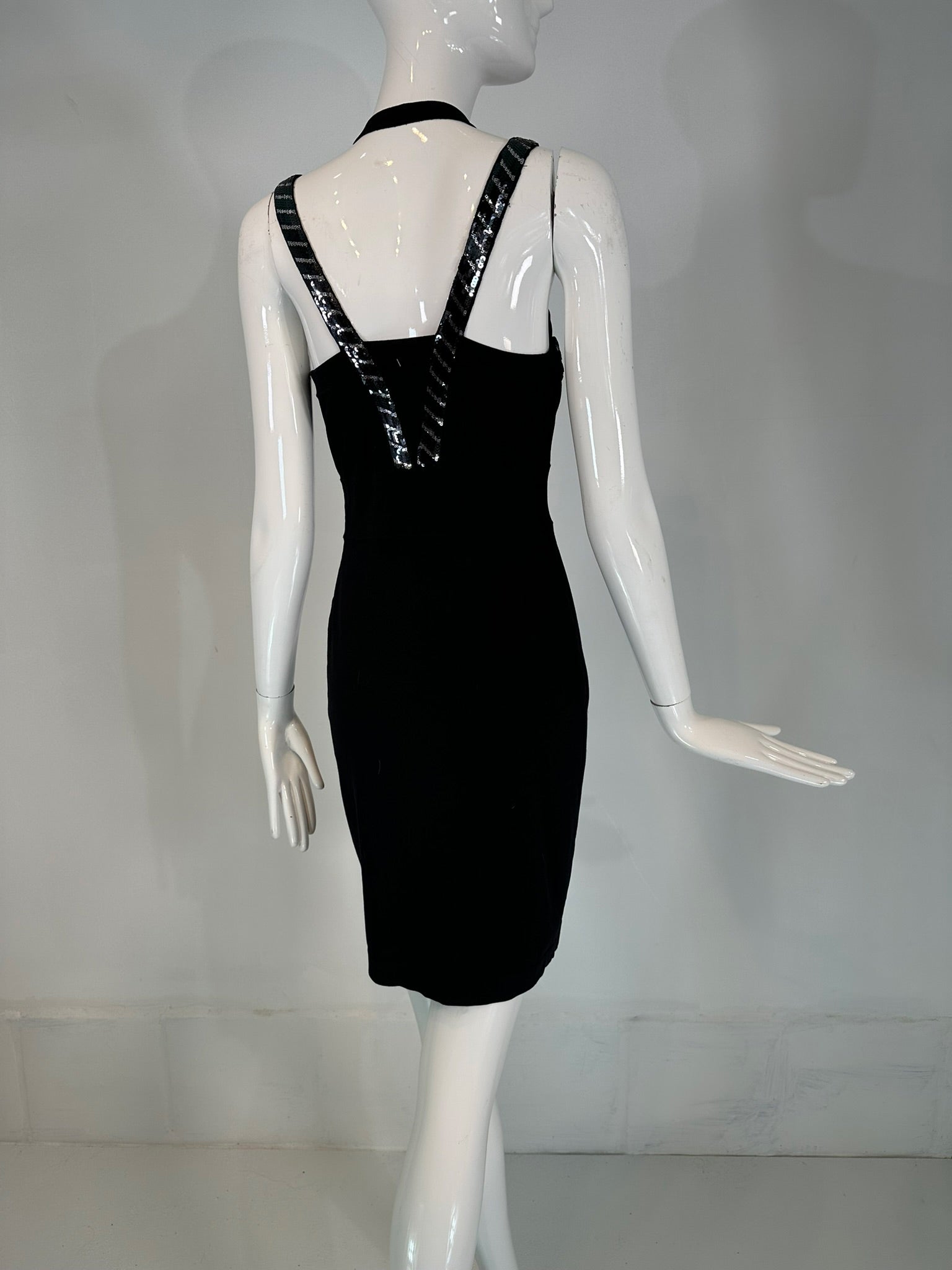 Versace Collection Black & Silver Sequin Knit Halter Neck Dress 44 Palm Beach Vintage Versace Collection Black & Silver Sequin Knit Halter Neck Dress 44 Palm Beach Vintage