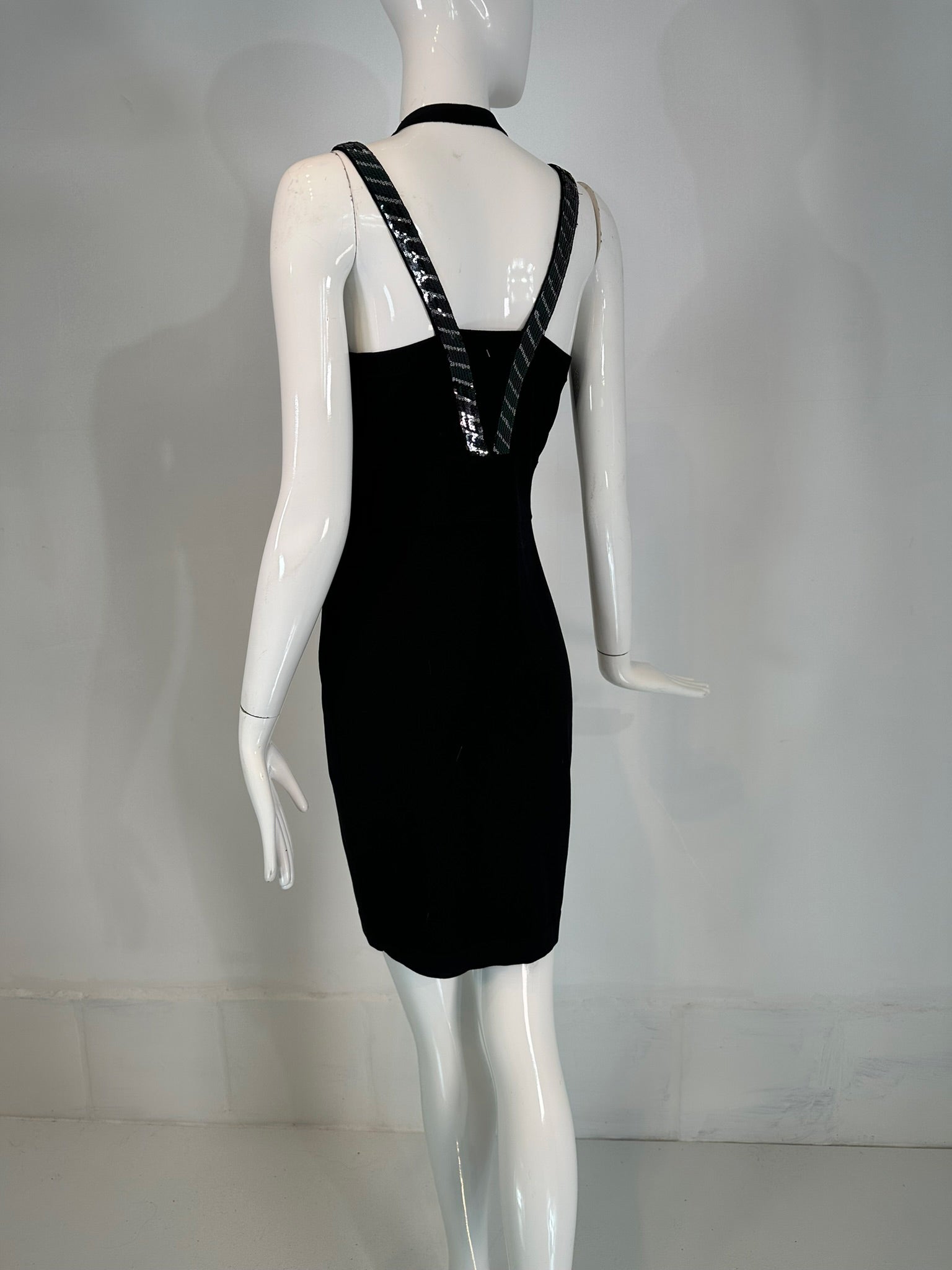 Versace Collection Black & Silver Sequin Knit Halter Neck Dress 44 Palm Beach Vintage Versace Collection Black & Silver Sequin Knit Halter Neck Dress 44 Palm Beach Vintage
