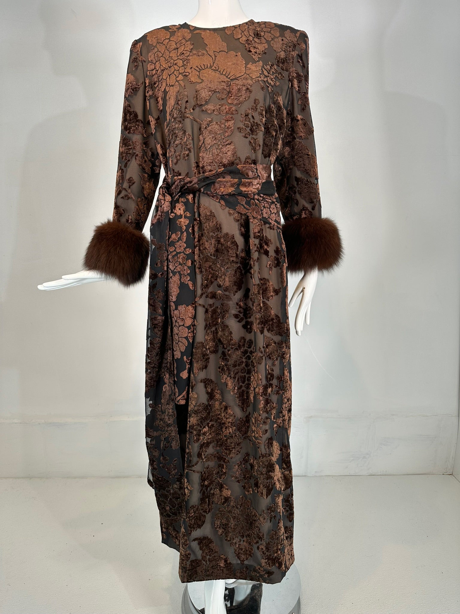 SOLD Victor Costa Amber & Brown Cut Velvet Evening Gown W/ Sable Cuffs Palm Beach Vintage SOLD Victor Costa Amber & Brown Cut Velvet Evening Gown W/ Sable Cuffs Palm Beach Vintage