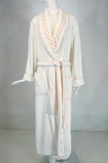 PRATESI Treccia White Soft Thick 100% Cotton Terry Robe Peach Pink Embroidery S