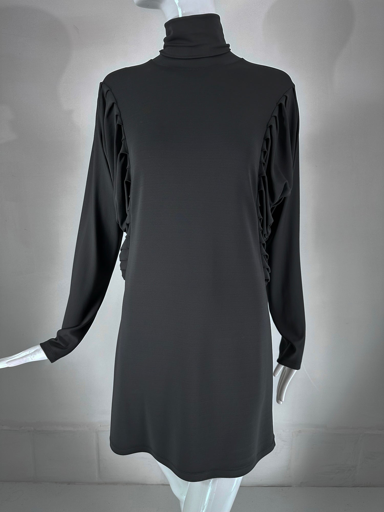 Fendi Silky Black Jersey Pleated Bat Wing Turtle Neck Dress 40 Palm Beach Vintage Fendi Silky Black Jersey Pleated Bat Wing Turtle Neck Dress 40 Palm Beach Vintage