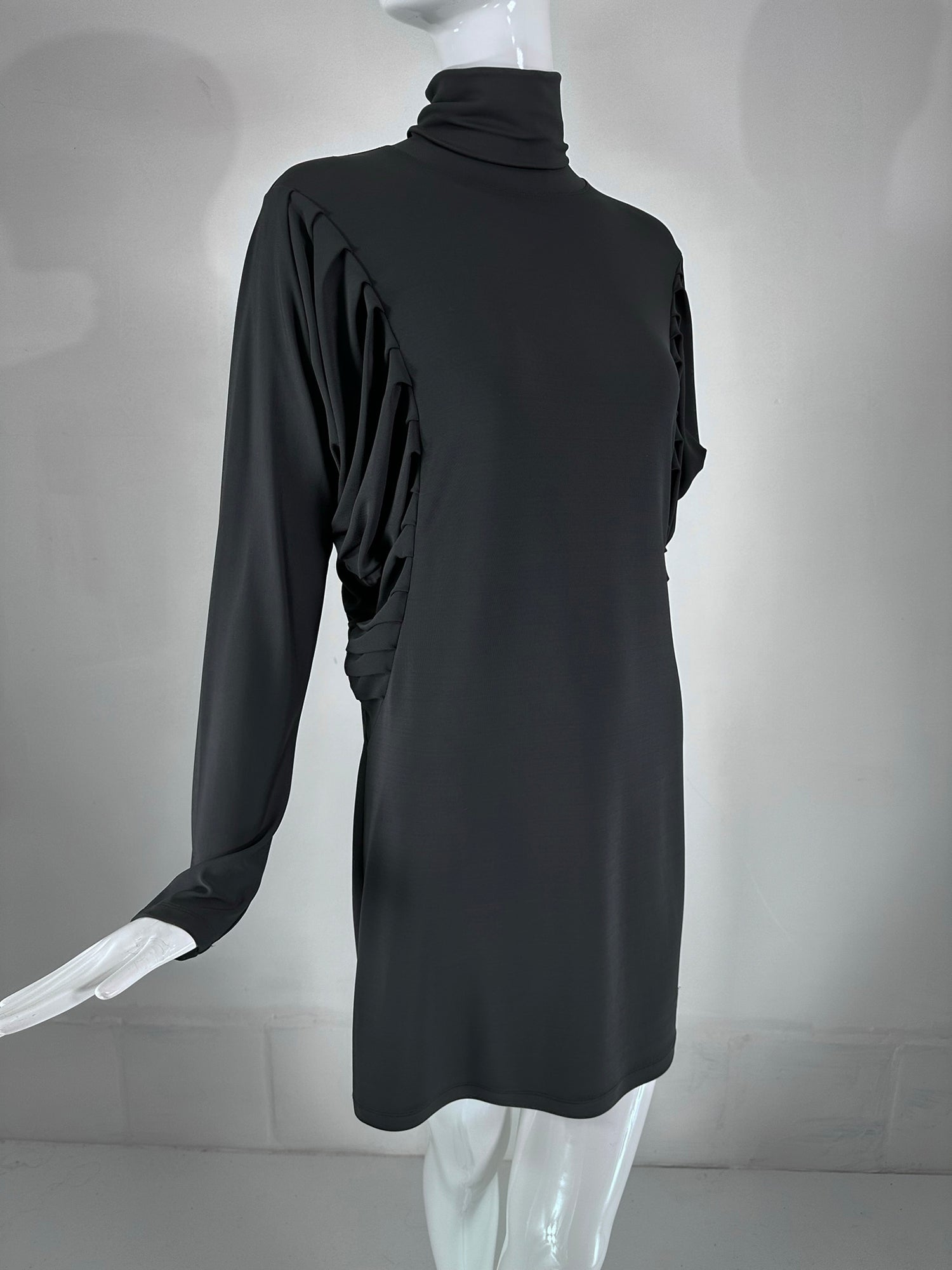 Fendi Silky Black Jersey Pleated Bat Wing Turtle Neck Dress 40 Palm Beach Vintage Fendi Silky Black Jersey Pleated Bat Wing Turtle Neck Dress 40 Palm Beach Vintage