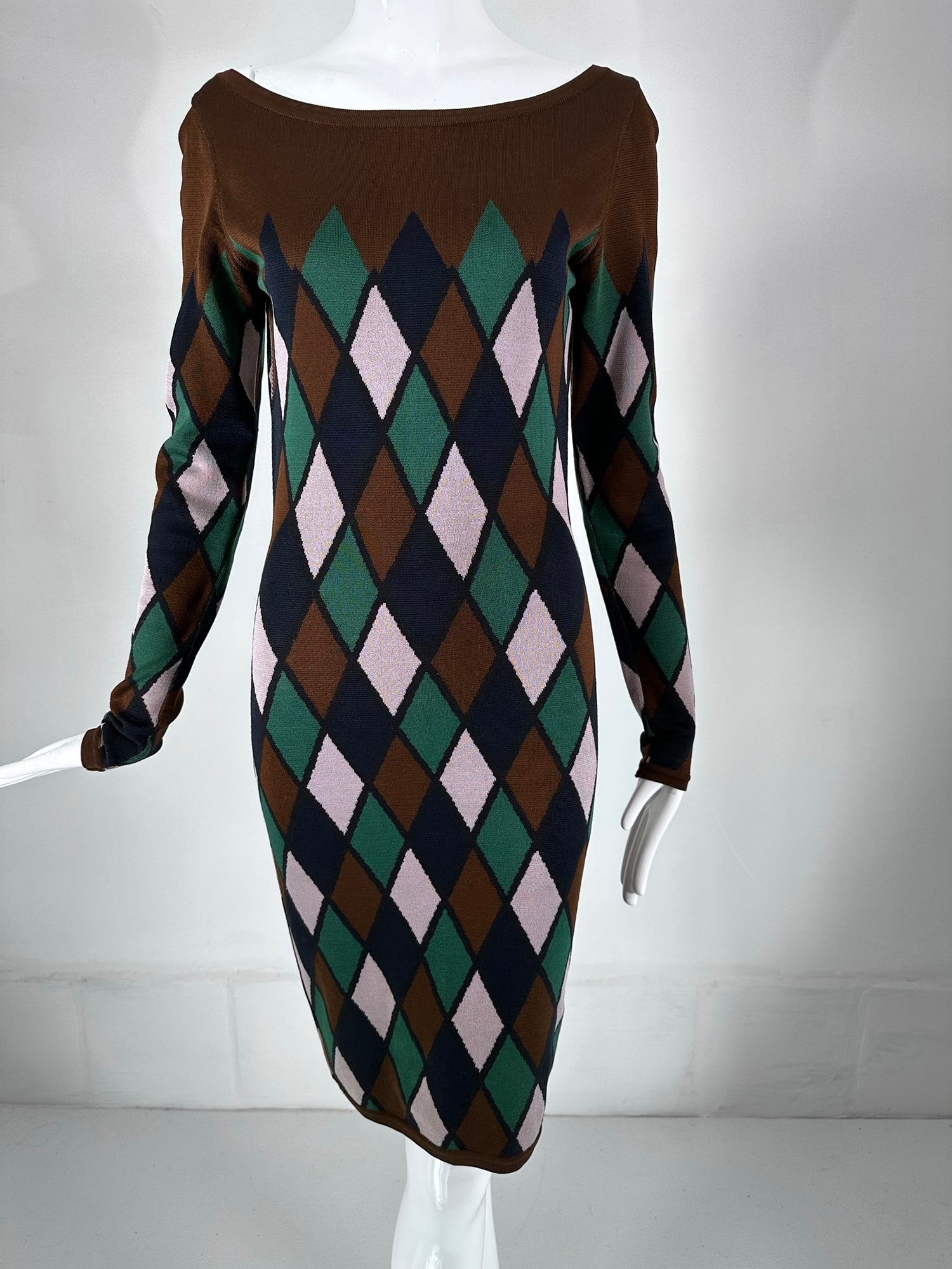 Azzedine Alaia Rare Fall 1992 Brown & Green Argyle Knit Body Azzedine Alaia Rare Fall 1992 Brown & Green Argyle Knit Body