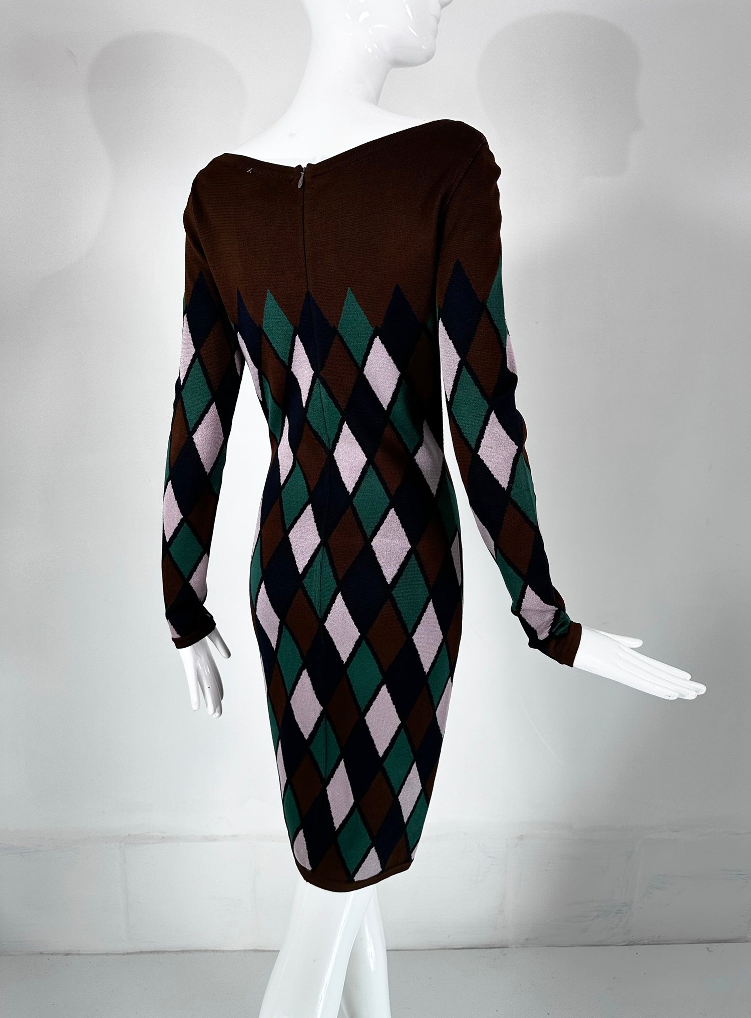 Azzedine Alaia Rare Fall 1992 Brown & Green Argyle Knit Body Con Dress Palm Beach Vintage Azzedine Alaia Rare Fall 1992 Brown & Green Argyle Knit Body Con Dress Palm Beach Vintage