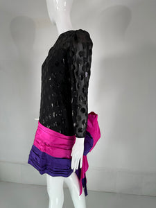 1980s Black Velvet Dot with Draped Pink & Purple Taffeta Skirt & Huge Bow Back