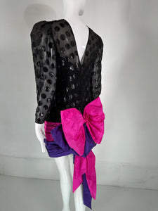 1980s Black Velvet Dot with Draped Pink & Purple Taffeta Skirt & Huge Bow Back