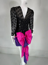 1980s Black Velvet Dot with Draped Pink & Purple Taffeta Skirt & Huge Bow Back